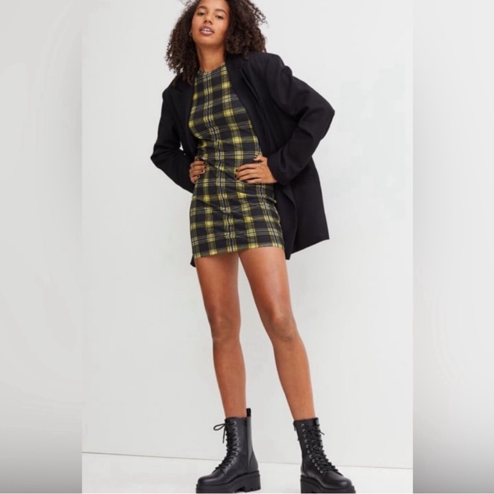 H&M yellow and black checkered plaid mini dress NWT